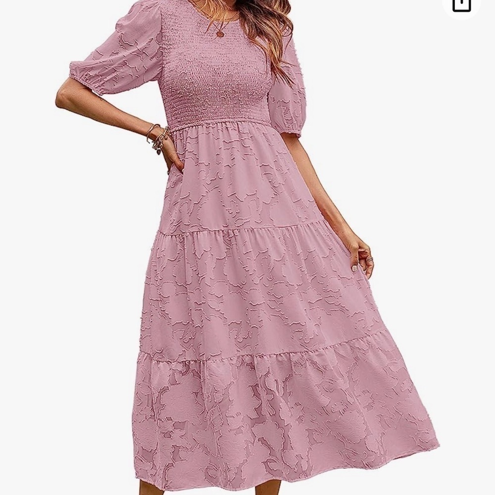 PUFF Sleeve Smocked Floral Dress Crewneck Lace Flowy Tiered Midi Dress